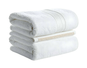 Stack of plush white towels, neatly folded, with a decorative band on the top