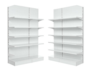 Two white, empty, parallel retail shelving units against a black background
