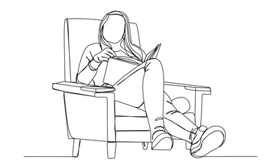 continuous single line drawing of woman relaxing on sofa while reading a book  line art vector illustration