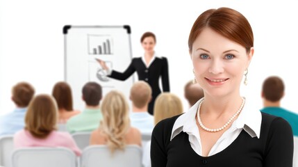 Business presentation by female speaker conference room professional event engaging environment front view leadership concept