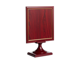 Elegant vertical wooden plaque on a pedestal, with a gold border against black
