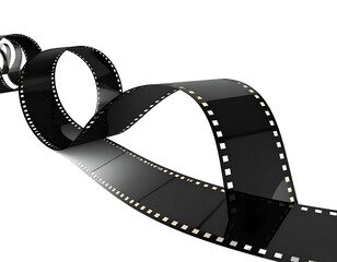 Black film strip unfurls in a graceful curve against a deep, dark backdrop