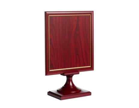 Elegant vertical wooden plaque on a pedestal, with a gold border against black