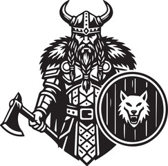 Viking Warrior with Axe and Shield, Vector Illustration