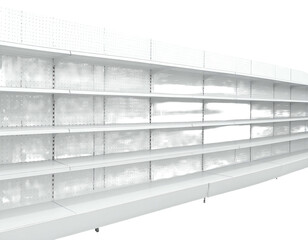 White, empty shelves in a store, perspective view. Perforated back panel