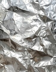 Textured close-up of crumpled shiny silver metallic foil