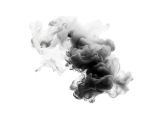 Abstract swirling smoke cloud in grayscale against a solid black background with light and dark, Isolated On Transparent Background