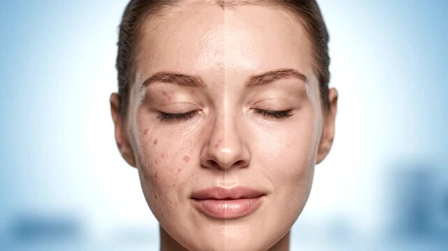 Close Up Portrait of a Woman Showing Skin Before and After Acne Treatment on a Soft Blue Background with Cityscape. Acne Scar Removal and Facial Care Promoting Healthy Skin