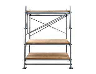Three-tiered shelving unit with metal frame and wooden shelves, isolated on black