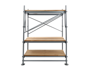 Three-tiered shelving unit with metal frame and wooden shelves, isolated on black
