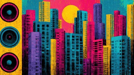 Obraz premium Vibrant collage art blending loudspeaker and cityscape concept. Vibrant urban skyline illustration with colorful buildings.