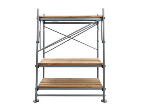 Three-tiered shelving unit with metal frame and wooden shelves, isolated on black