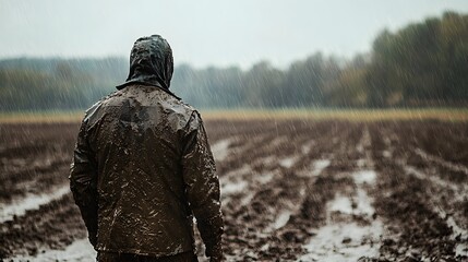A mud covered farmer stands in a wet plowed field during heavy rain symbolizing agricultural hardship