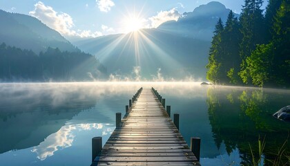 Sun's rays shine over a misty lake with a wooden pier