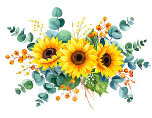Watercolor floral arrangement with sunflowers, berries, and eucalyptus leaves
