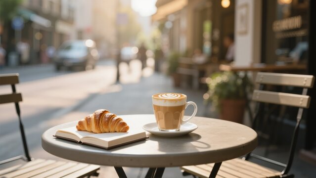 A cup of coffee with latte art and a croissant on a caf�� table outdoors, accompanied by an open book on a sunny street.