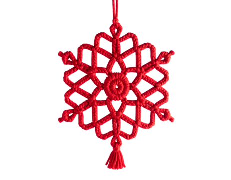 Intricate, vibrant red knotted ornament shaped like a six-pointed star, hanging