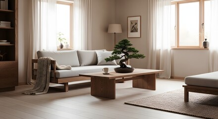 Serene Modern Living Room with Japanese Minimalist Design