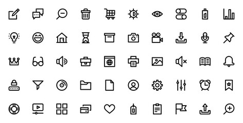 User interface icon set. UI vector icons collection.Includes symbols for edit,chat, settings, download, rofile, shopping cart, batery, menu and more. Editabe stroke.