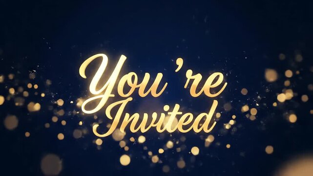 Elegant bokeh-filled invitation card displaying the words "You're Invited" in gold lettering, suggesting a Christmas Holiday Dinner event against a dark blue background, designed with a festive and