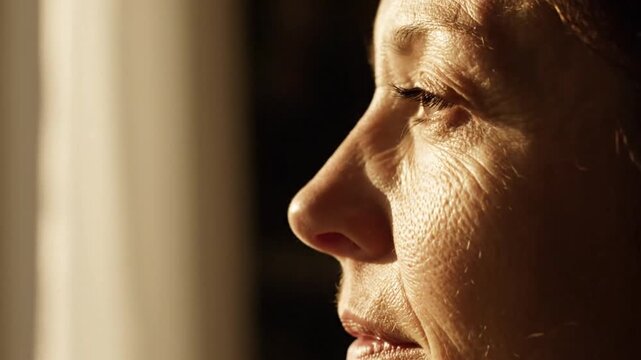 Contemplative Woman Close-Up Profile with Detailed Skin Texture and Warm Golden Lighting Near Window During Golden Hour Reflects Emotional Depth and Introspection Cinematic Look