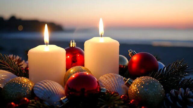 Close-up studio shot of two lit candles amidst Christmas ornaments like red baubles and seashells, celebrating a peaceful Christmas Holiday Dinner with a blurred twilight background, capturing a