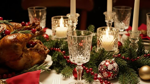 A beautifully arranged Christmas Holiday Dinner scene displays a roasted turkey, elegant glassware, and lit candles against a dark background, showcasing warm, golden lighting in a festive setting.