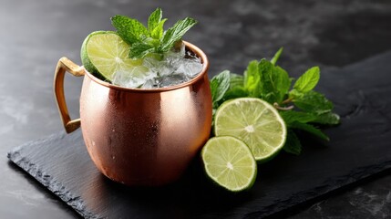 Fototapeta premium Refreshing Copper Mug Cocktail with Mint and Lime Garnish