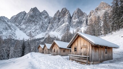 Snow Covered Cabins with Mountain Range, Peaceful Winter Scenery in Val di Funes, Dolomites, Italy