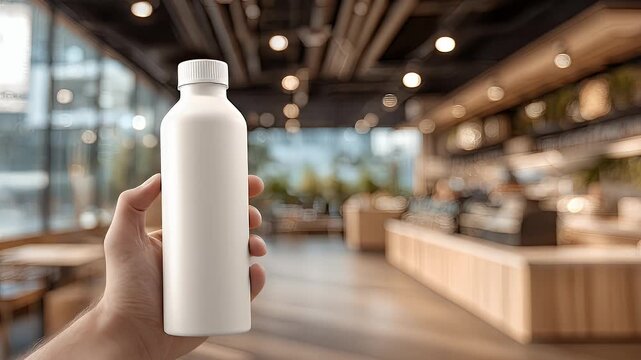 White Bottle Held in Hand in Cafe Setting.
