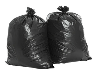 Two full, black plastic trash bags, tied at the top, on a transparent background