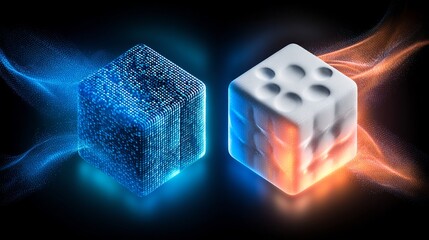 two glowing cube shapes with different colors, including blue and orange