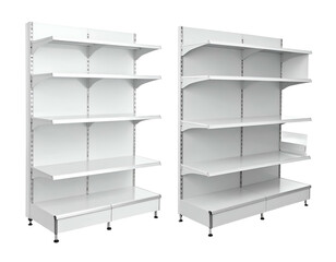 Two empty, white store display shelves against a black background
