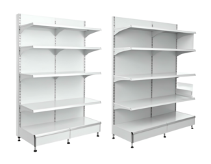 Two empty, white store display shelves against a black background
