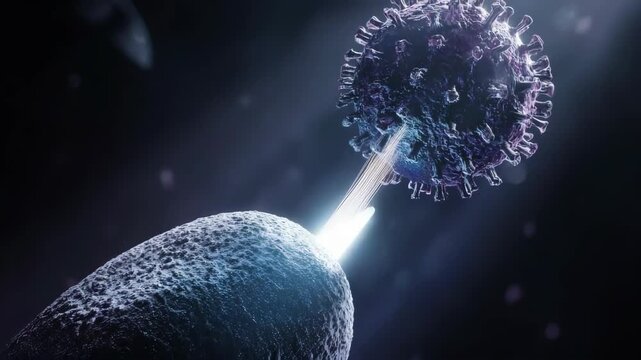 A 3D animation showing a pathogen injecting DNA into a cell. Ideal for science, medical, and educational projects about virology, disease, and infection.