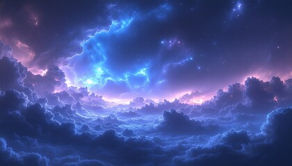 Fototapeta premium A dreamy cosmic background showing gentle blue and purple nebula clouds, faint constellations, and a soft starlit sky