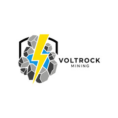 A modern logo for Voltrock Mining featuring grey rocks, a yellow lightning bolt, and a shield.