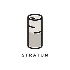 A minimalist logo design featuring a stylized cylinder representing layers, with the word STRATUM below.