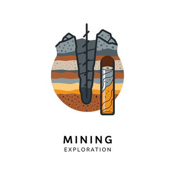 Mining exploration illustration with cross-section of earth layers and a drill.