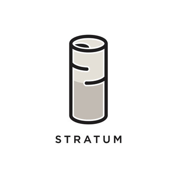 A minimalist logo design featuring a stylized cylinder representing layers, with the word STRATUM below.