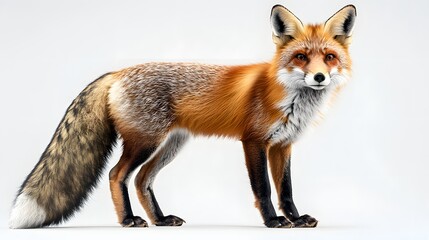 Fototapeta premium A red fox stands alert against a plain background showcasing its detailed fur and striking features in a studio portrait