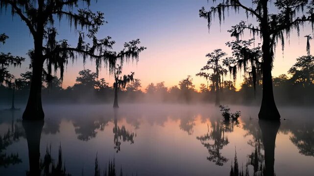 Wide-angle static shot capturing the eerie tranquility of a swamp at dawn, with thick ground fog obscuring the water's surface thick ground fog, untouched, haunting