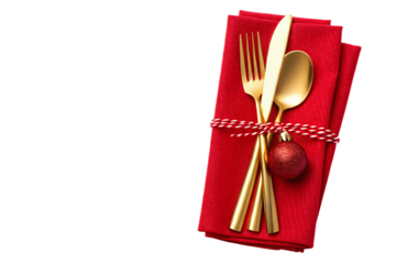 Elegant golden cutlery with vibrant red napkin and ornament for festive Christmas dinner celebrations and holiday themed designs