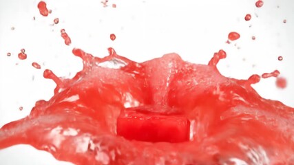 Intense high-speed capture of a vibrant red liquid exploding upwards and outwards, creating a crown splash with small droplets suspended in motion against a stark white backdrop. - Powered by Adobe