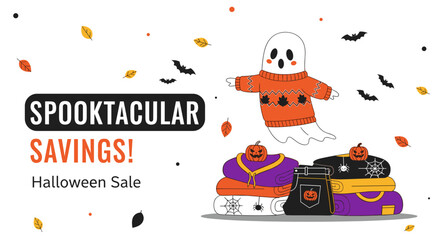 Naklejka premium Spooktacular Savings Halloween Sale vector banner with cute ghost and autumn retail items
