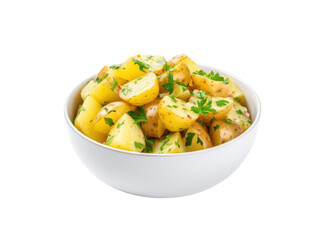 Isolated bowl of potato salad with parsley garnish on black background fresh food concept, Isolated On Transparent Background