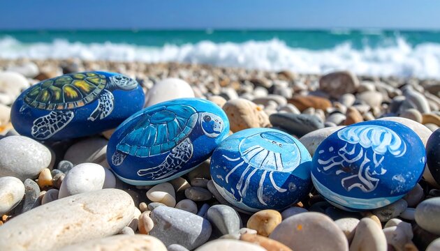 Hand-painted stones with marine life on a pebble beach against ocean waves - Powered by Adobe