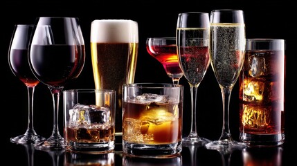 Variety of Alcoholic Beverages: Assortment of Wine, Beer, Cocktails and Spirits on Black Background
