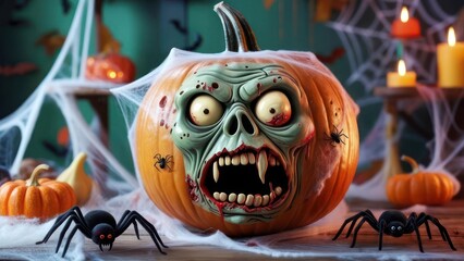 A carved pumpkin with a scary zombie face, surrounded by Halloween decorations