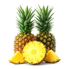 Two whole pineapples with cut slices against a white background